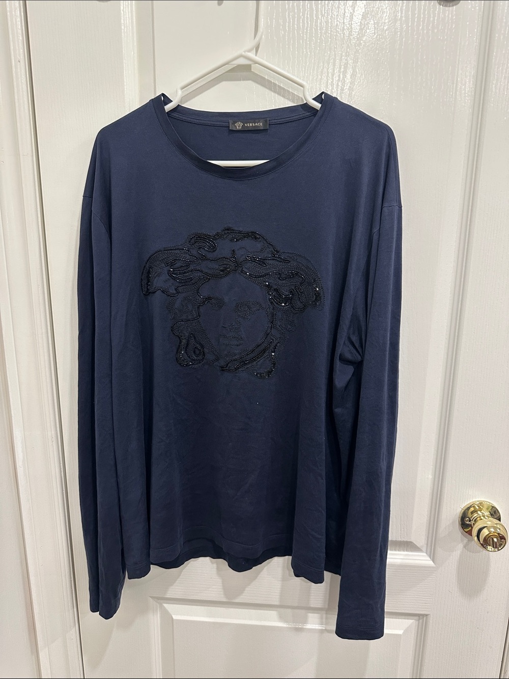 Versace Navy Long Sleeve Medusa Sequin Tee